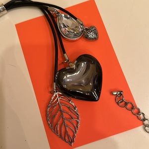 Necklace EUC Pleather - Leather Double Strand to 4 Pendants Silver Metal Crystal